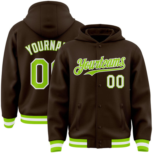 Custom Brown Neon Green-White Bomber Full-Snap Varsity Letterman Hoodie Jacket - Main View
