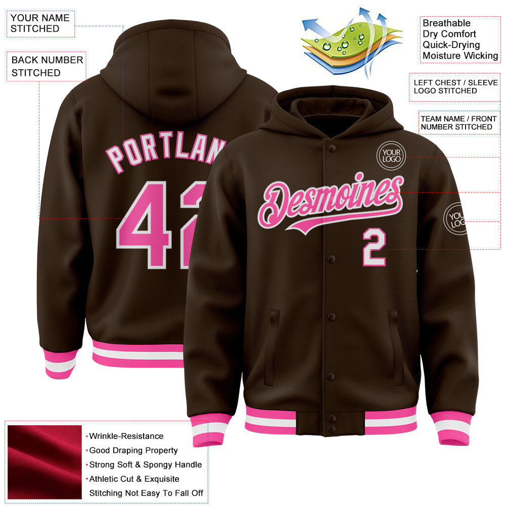 Custom Brown Pink-White Bomber Full-Snap Varsity Letterman Hoodie Jacket view 3