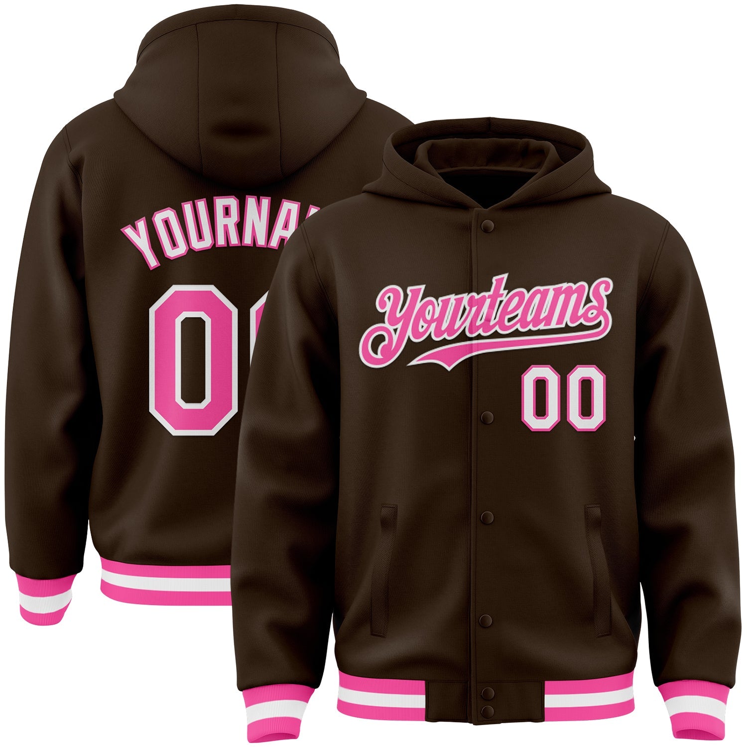 Custom Brown Pink-White Bomber Full-Snap Varsity Letterman Hoodie Jacket - Main View
