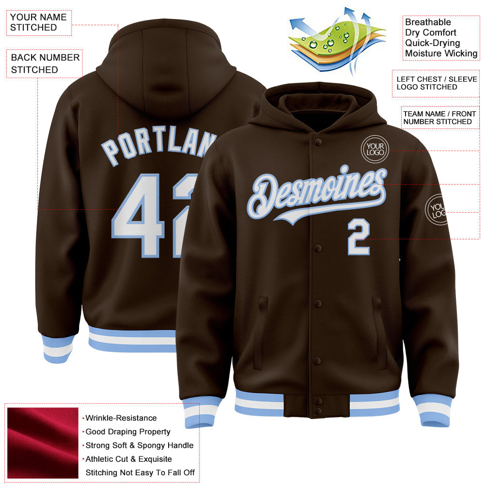 Custom Brown White-Light Blue Bomber Full-Snap Varsity Letterman Hoodie Jacket view 3