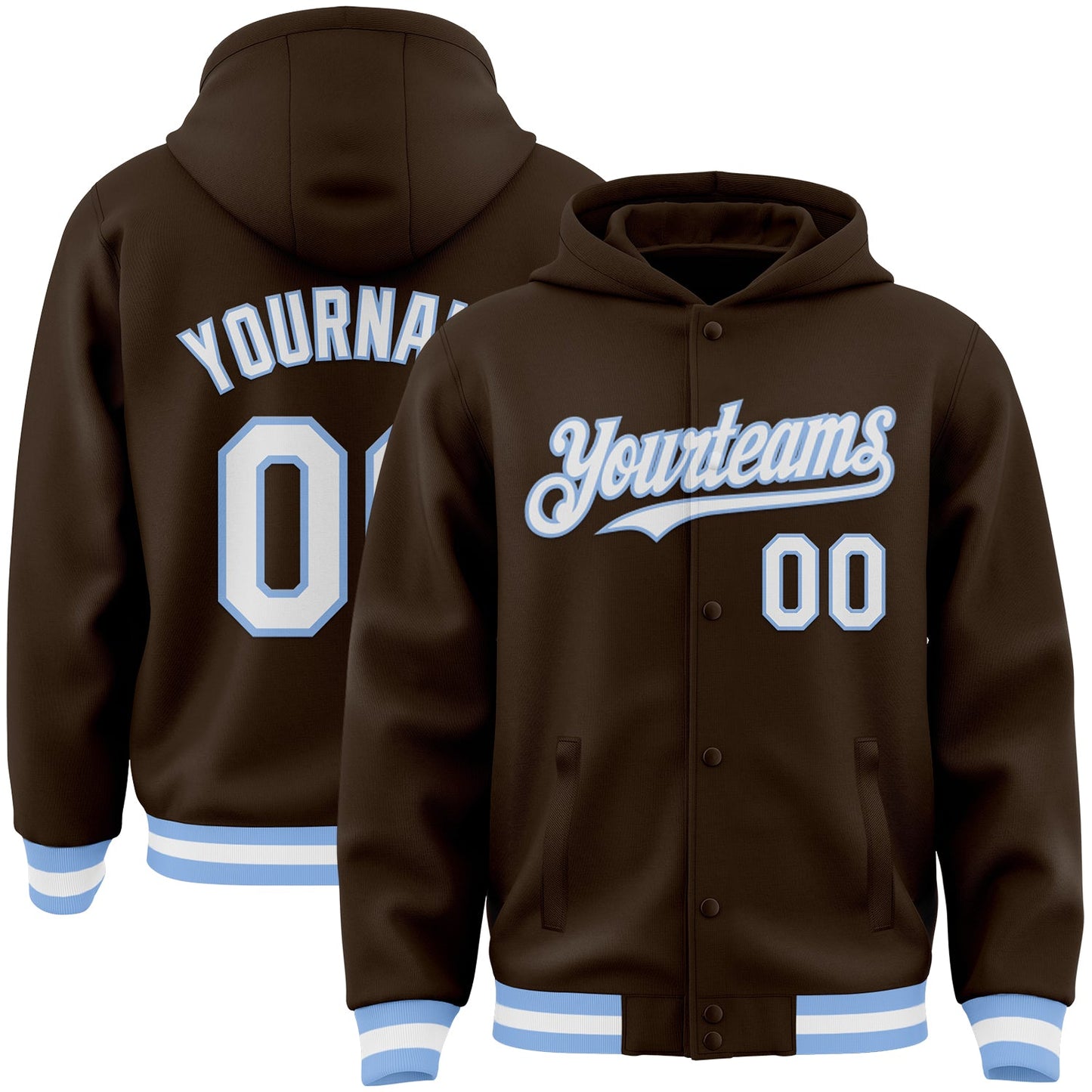 Custom Brown White-Light Blue Bomber Full-Snap Varsity Letterman Hoodie Jacket - Main View
