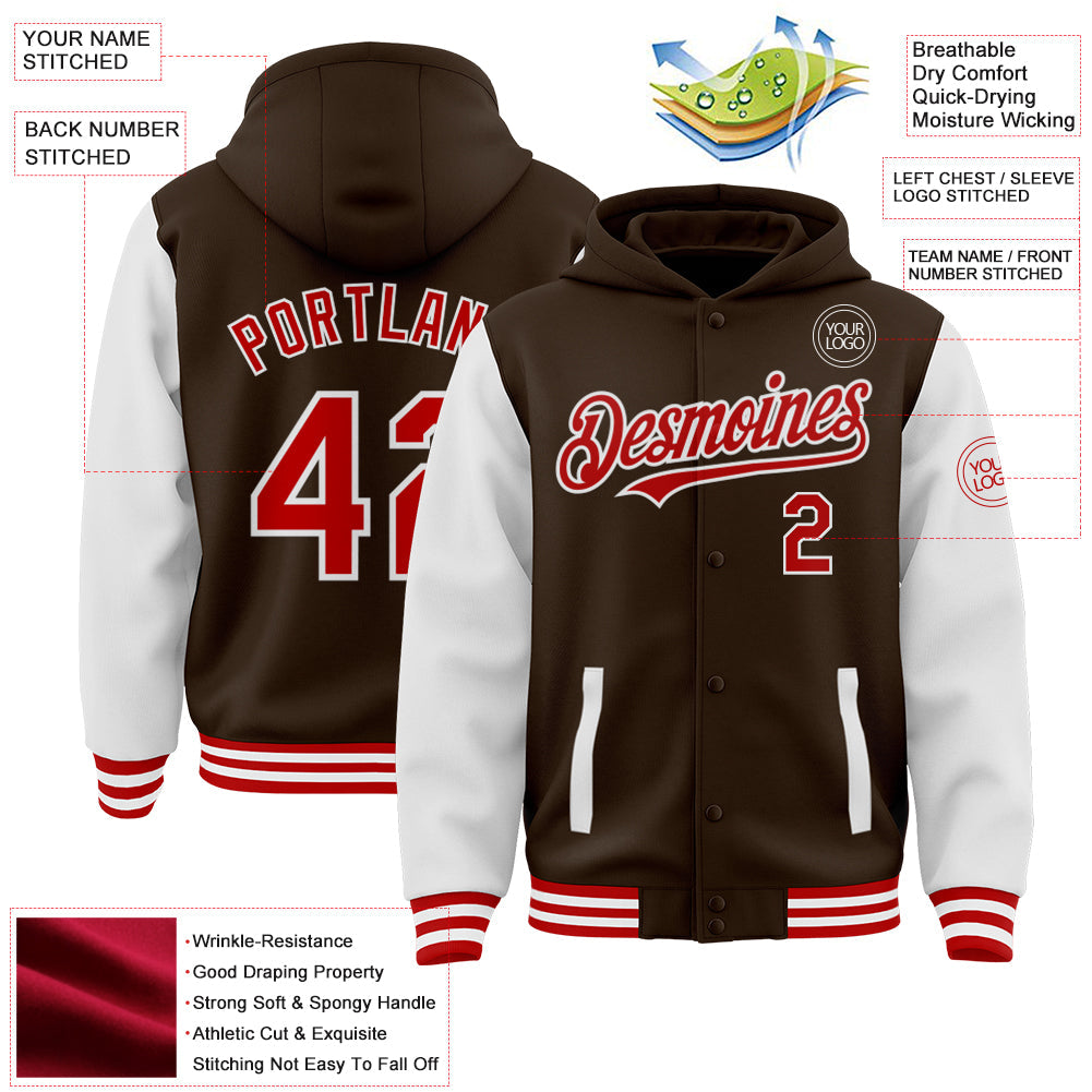 Custom Brown Red-White Bomber Full-Snap Varsity Letterman Two Tone Hoodie Jacket view 3