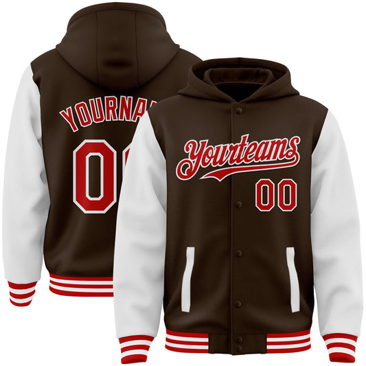 Custom Brown Red-White Bomber Full-Snap Varsity Letterman Two Tone Hoodie Jacket - Main View