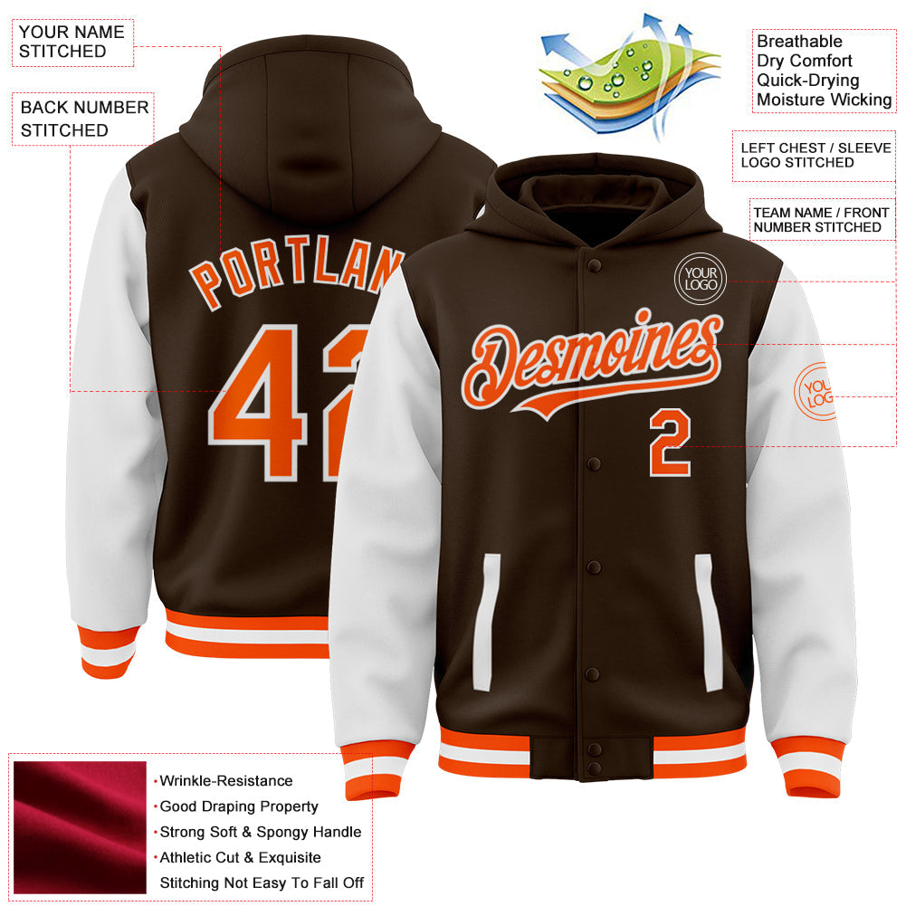 Custom Brown Orange-White Bomber Full-Snap Varsity Letterman Two Tone Hoodie Jacket view 3