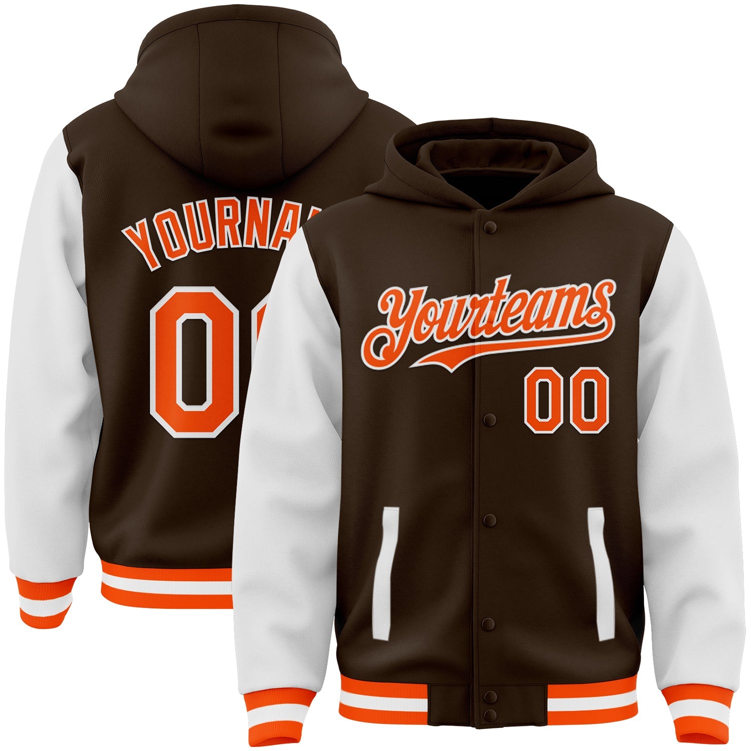 Custom Brown Orange-White Bomber Full-Snap Varsity Letterman Two Tone Hoodie Jacket - Main View