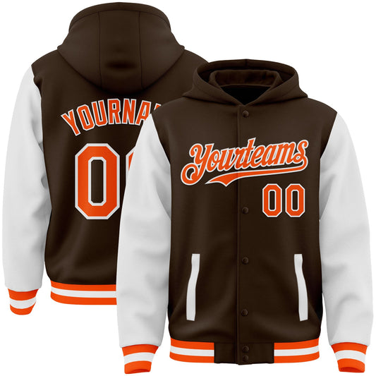 Custom Brown Orange-White Bomber Full-Snap Varsity Letterman Two Tone Hoodie Jacket - Main View