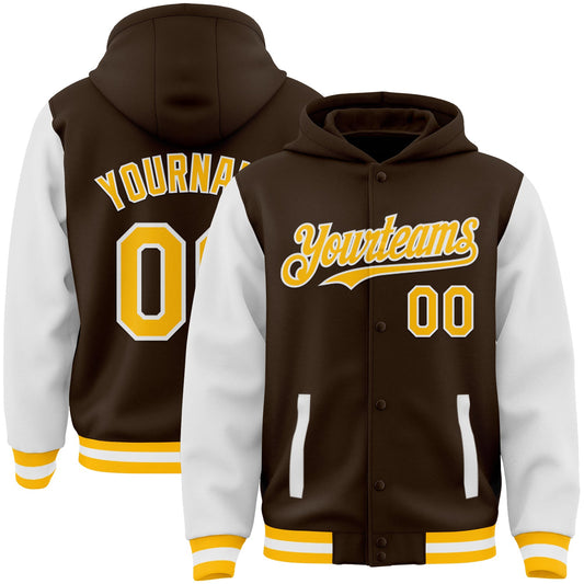 Custom Brown Gold-White Bomber Full-Snap Varsity Letterman Two Tone Hoodie Jacket - Main View