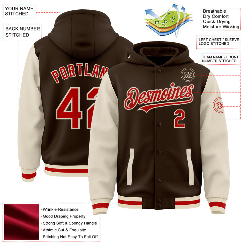 Custom Brown Red-Cream Bomber Full-Snap Varsity Letterman Two Tone Hoodie Jacket view 3