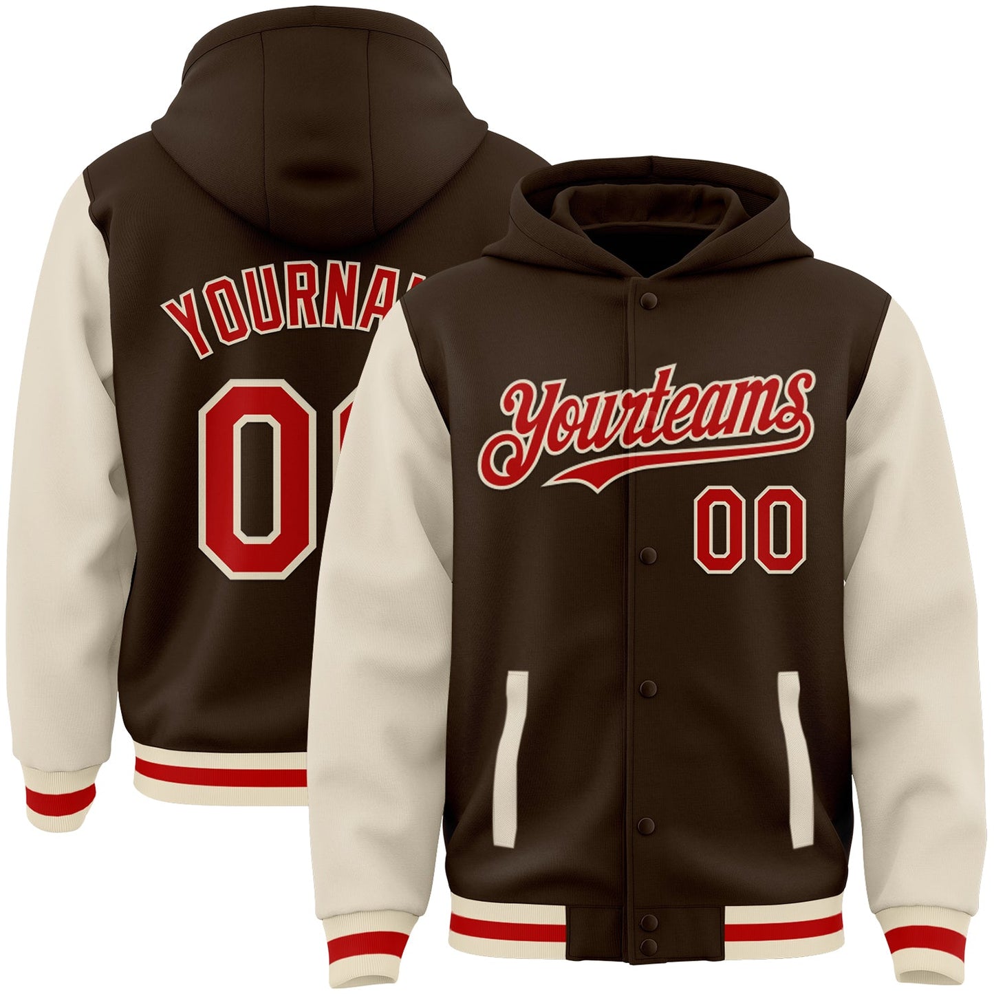 Custom Brown Red-Cream Bomber Full-Snap Varsity Letterman Two Tone Hoodie Jacket - Main View