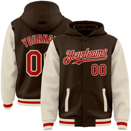 Custom Brown Red-Cream Bomber Full-Snap Varsity Letterman Two Tone Hoodie Jacket - Main View