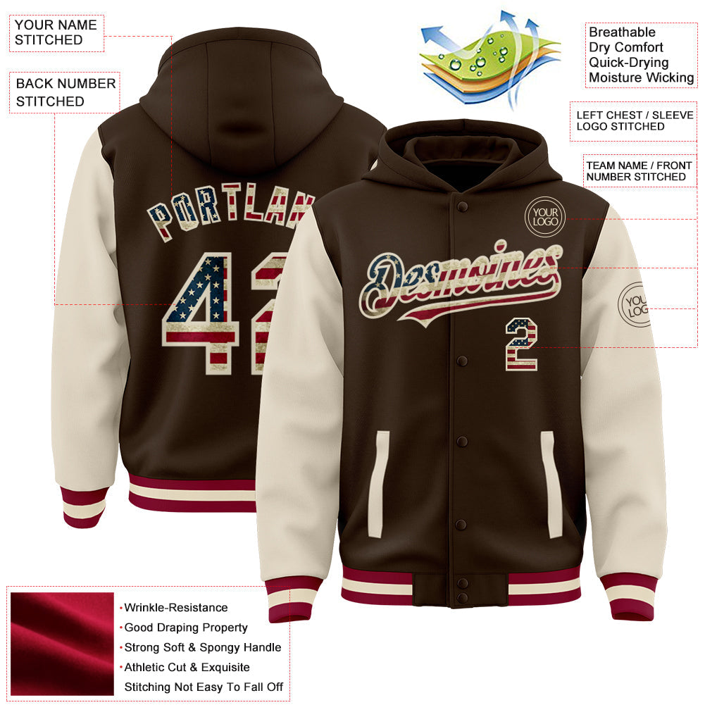 Custom Brown Vintage USA Flag Cream-Maroon Bomber Full-Snap Varsity Letterman Two Tone Hoodie Jacket view 3