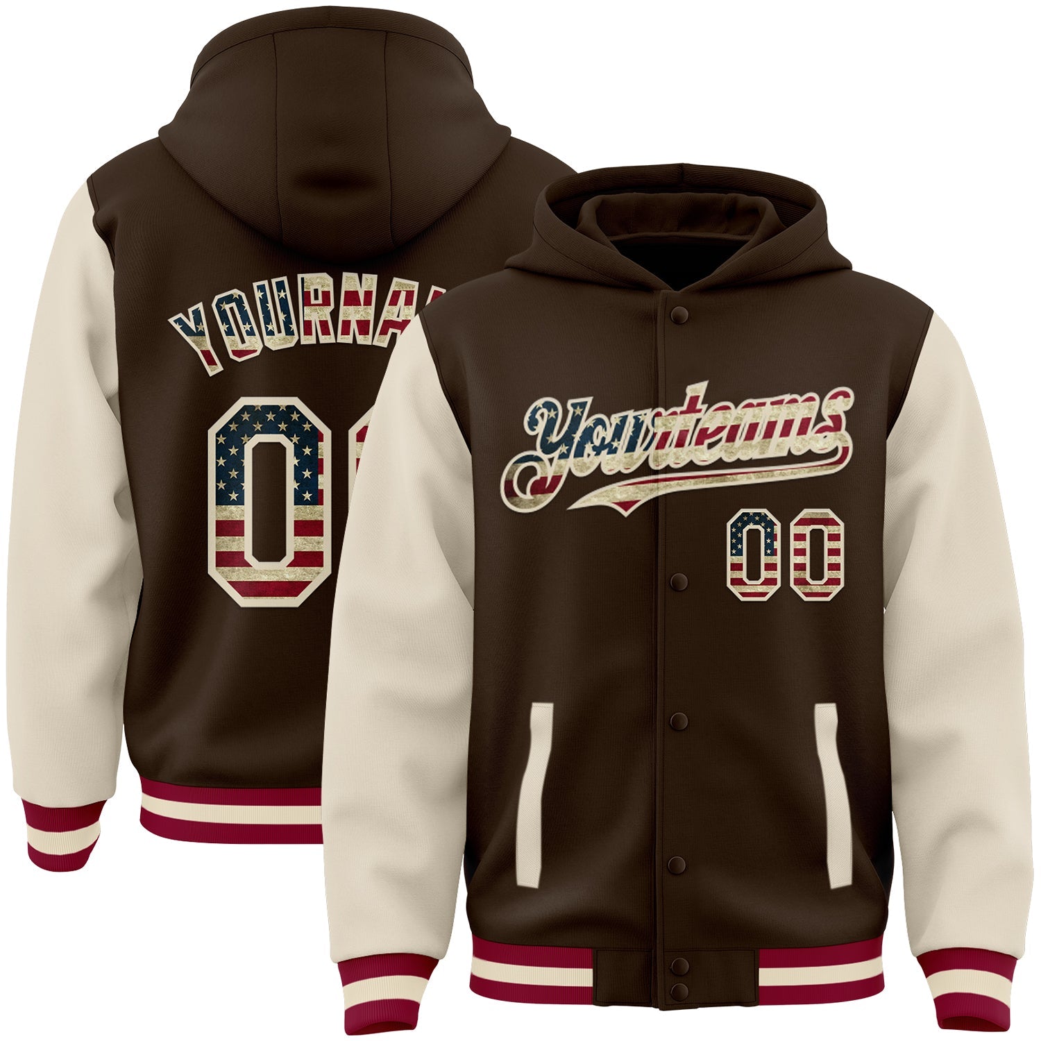 Custom Brown Vintage USA Flag Cream-Maroon Bomber Full-Snap Varsity Letterman Two Tone Hoodie Jacket - Main View