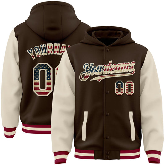 Custom Brown Vintage USA Flag Cream-Maroon Bomber Full-Snap Varsity Letterman Two Tone Hoodie Jacket - Main View