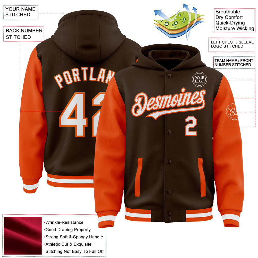 Custom Brown White-Orange Bomber Full-Snap Varsity Letterman Two Tone Hoodie Jacket view 3