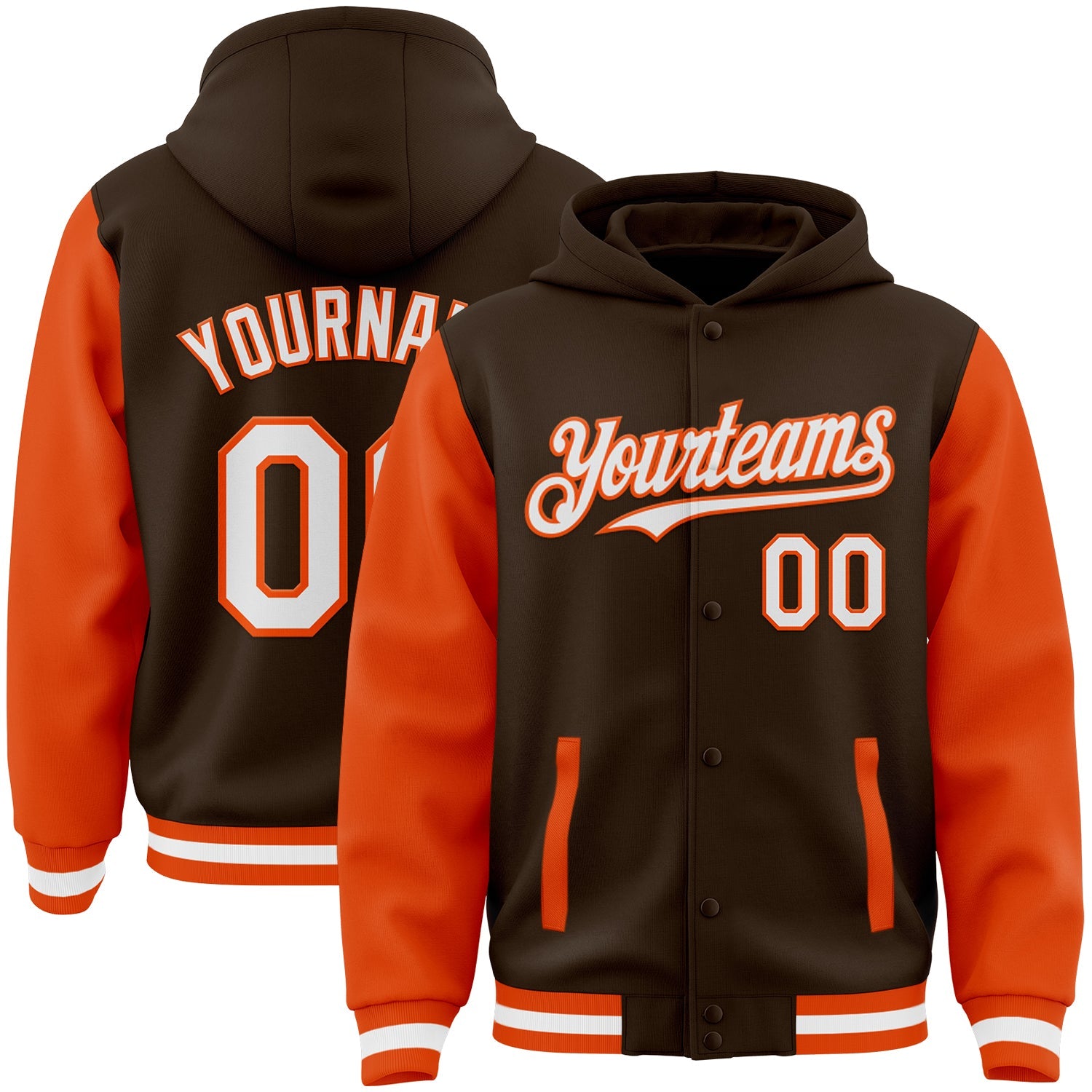 Custom Brown White-Orange Bomber Full-Snap Varsity Letterman Two Tone Hoodie Jacket - Main View