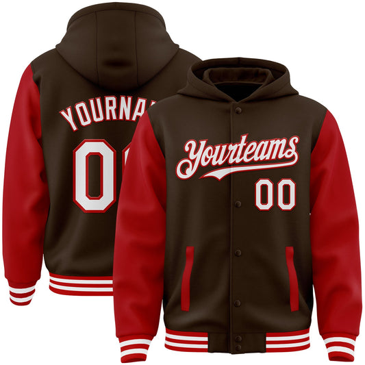 Custom Brown White-Red Bomber Full-Snap Varsity Letterman Two Tone Hoodie Jacket - Main View