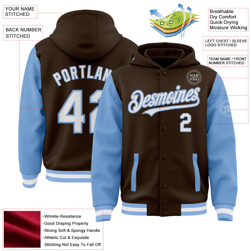Custom Brown White-Light Blue Bomber Full-Snap Varsity Letterman Two Tone Hoodie Jacket view 3