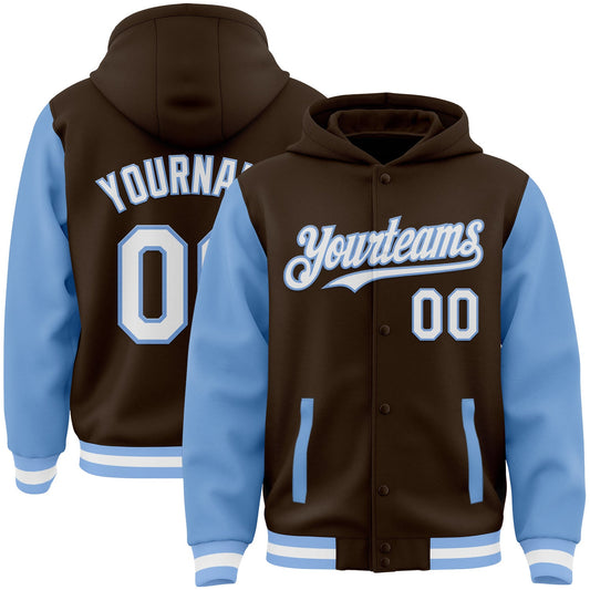Custom Brown White-Light Blue Bomber Full-Snap Varsity Letterman Two Tone Hoodie Jacket - Main View