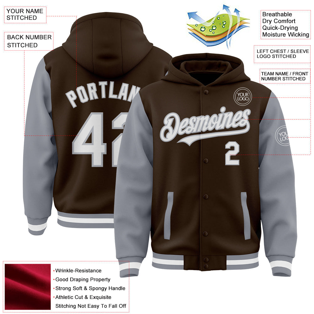 Custom Brown White-Gray Bomber Full-Snap Varsity Letterman Two Tone Hoodie Jacket view 3