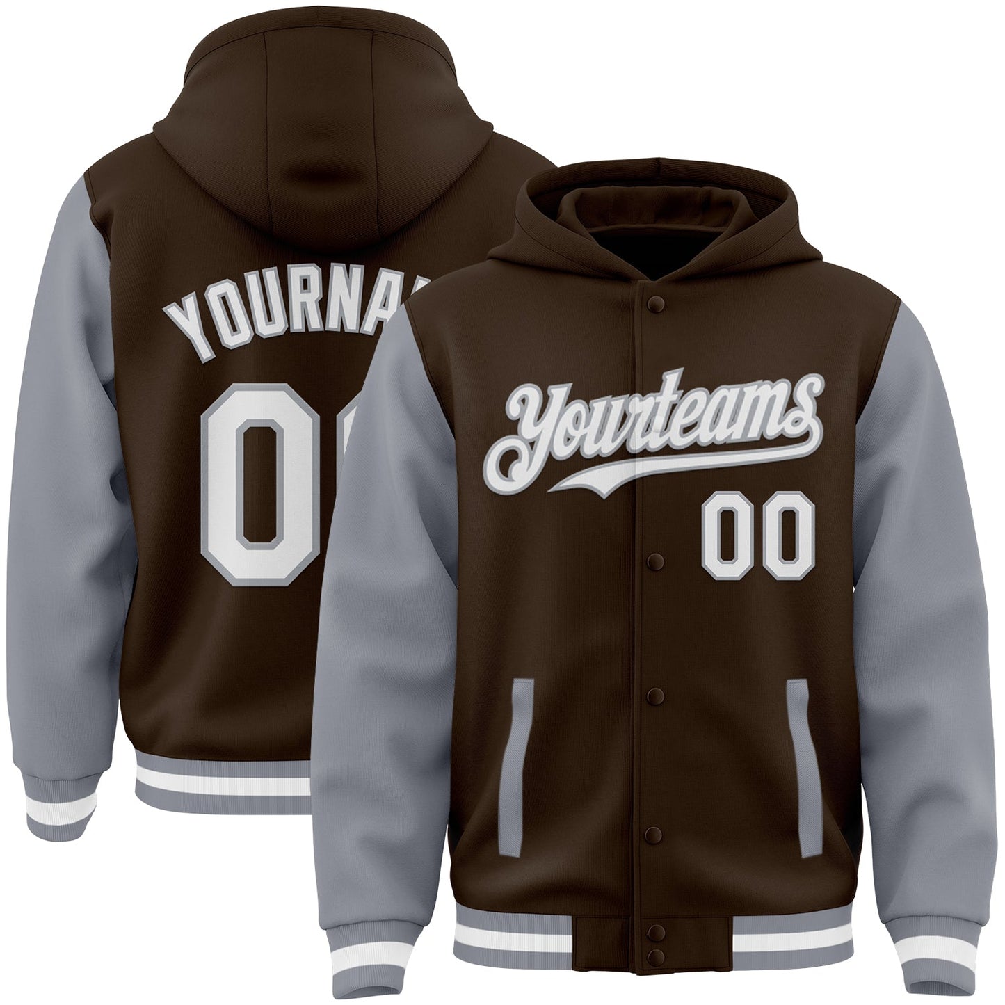 Custom Brown White-Gray Bomber Full-Snap Varsity Letterman Two Tone Hoodie Jacket - Main View