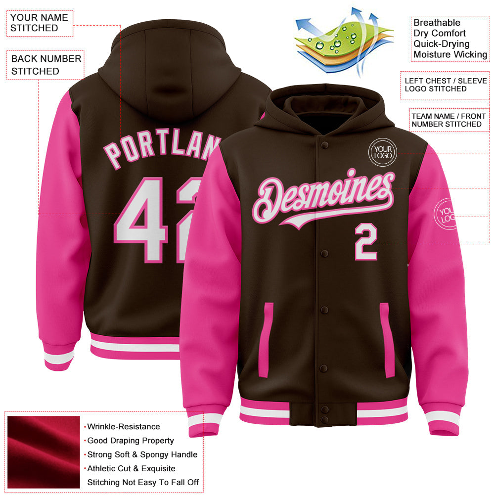 Custom Brown White-Pink Bomber Full-Snap Varsity Letterman Two Tone Hoodie Jacket view 3