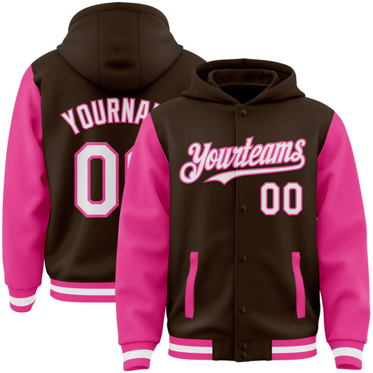 Custom Brown White-Pink Bomber Full-Snap Varsity Letterman Two Tone Hoodie Jacket - Main View
