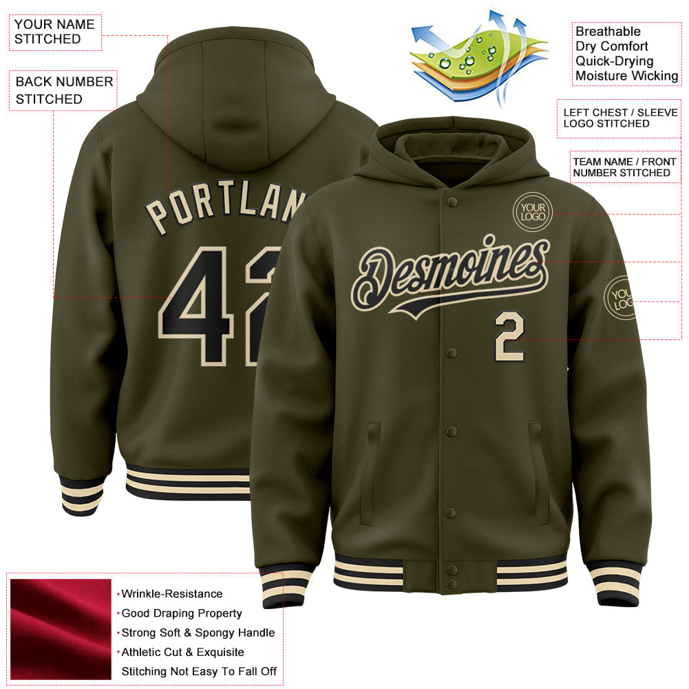 Custom Olive Black-Cream Bomber Full-Snap Varsity Letterman Salute To Service Hoodie Jacket view 3