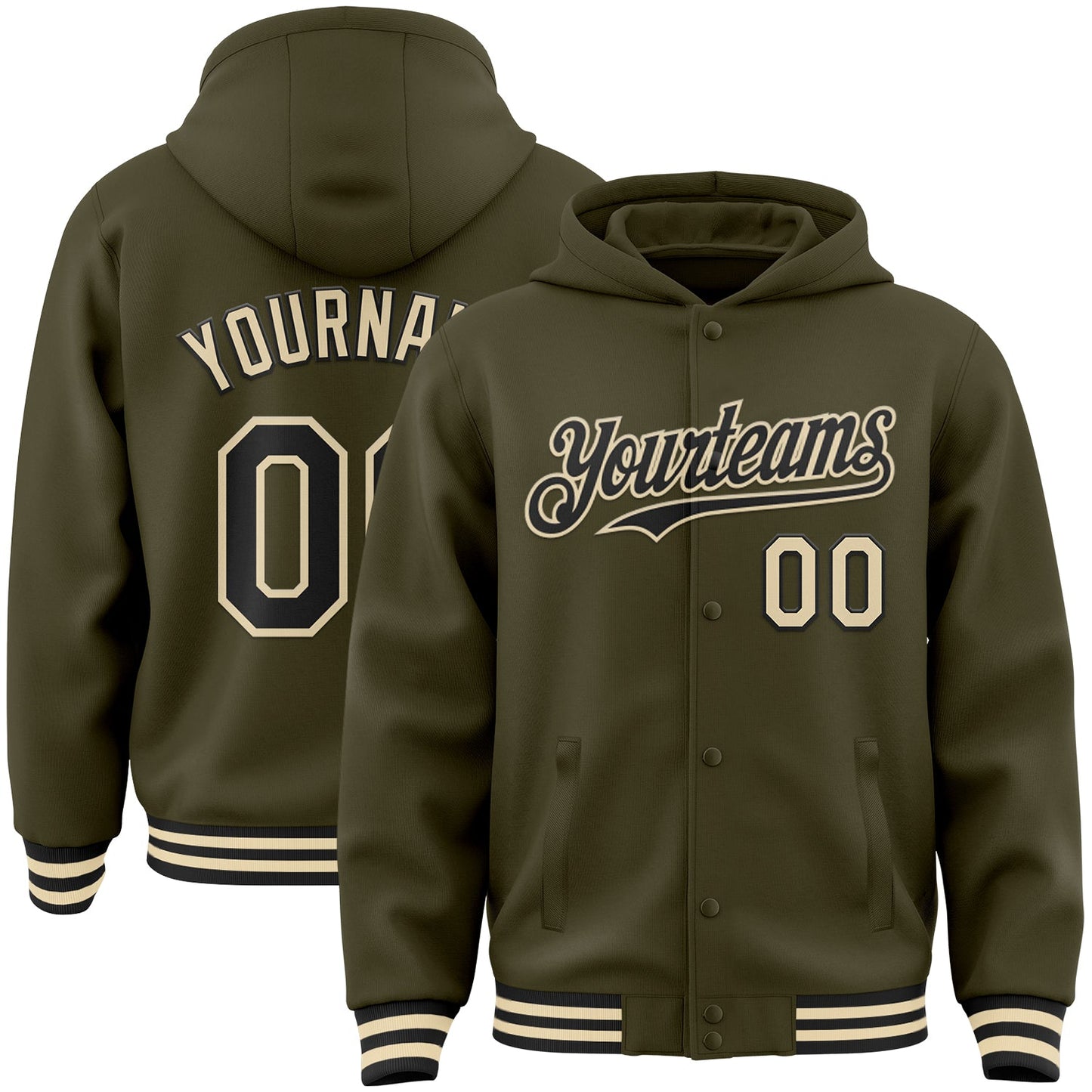 Custom Olive Black-Cream Bomber Full-Snap Varsity Letterman Salute To Service Hoodie Jacket - Main View