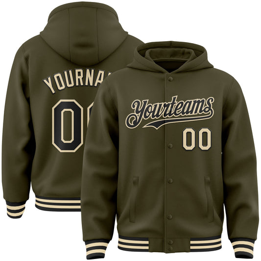 Custom Olive Black-Cream Bomber Full-Snap Varsity Letterman Salute To Service Hoodie Jacket - Main View