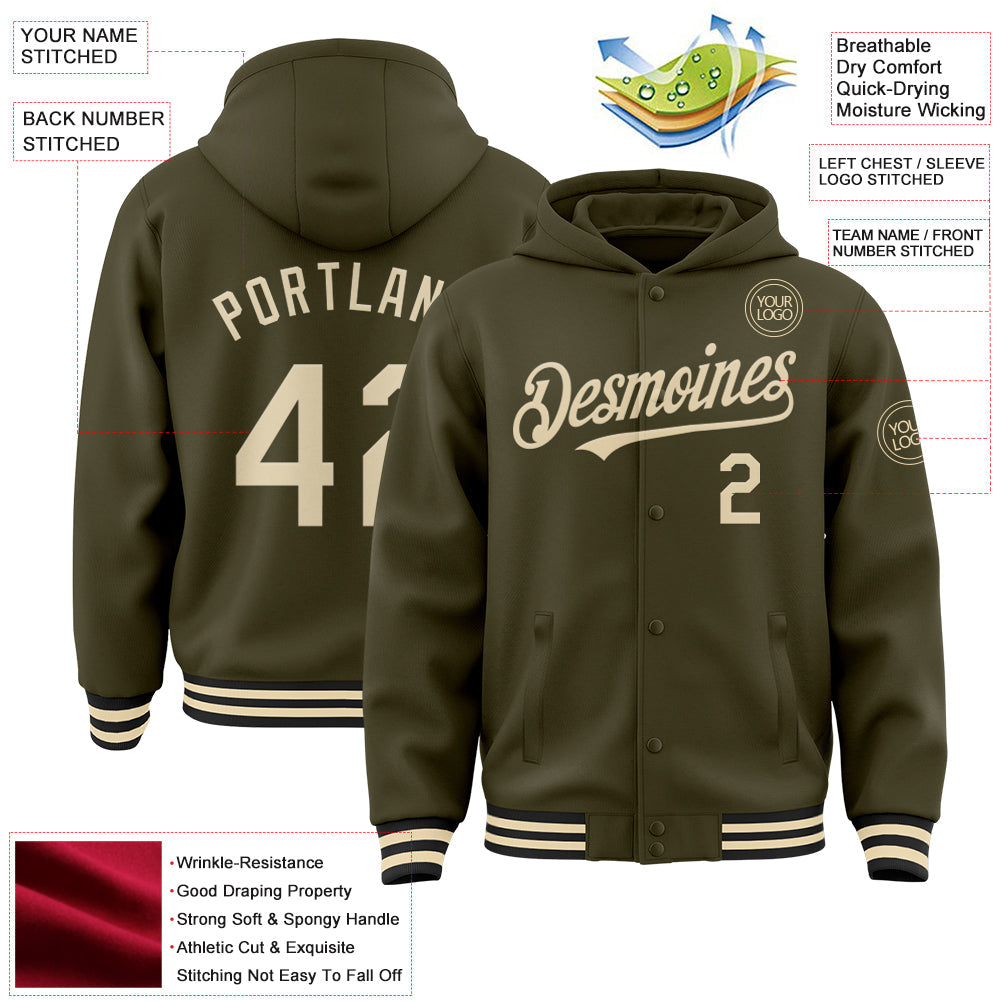 Custom Olive Cream-Black Bomber Full-Snap Varsity Letterman Salute To Service Hoodie Jacket view 3