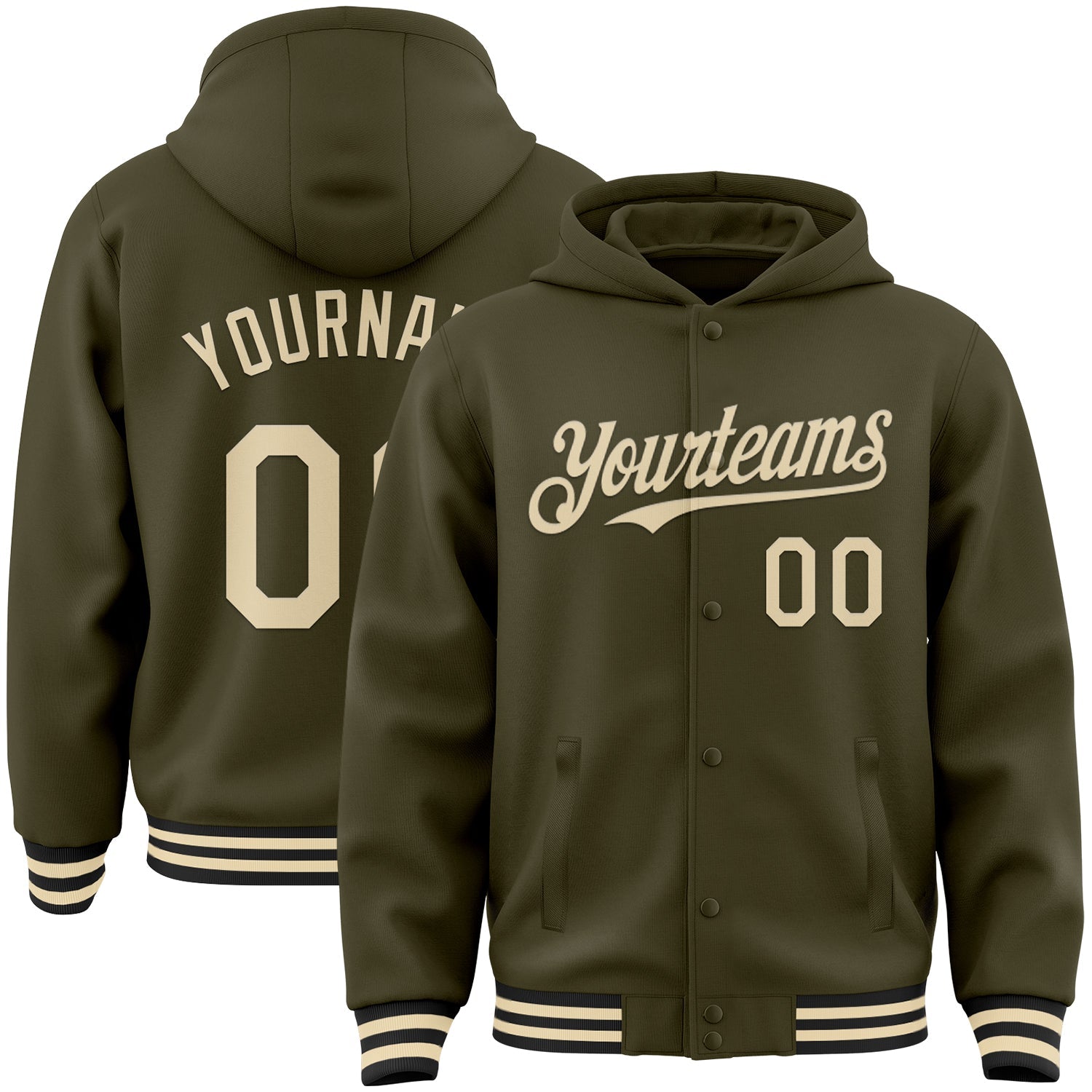 Custom Olive Cream-Black Bomber Full-Snap Varsity Letterman Salute To Service Hoodie Jacket - Main View