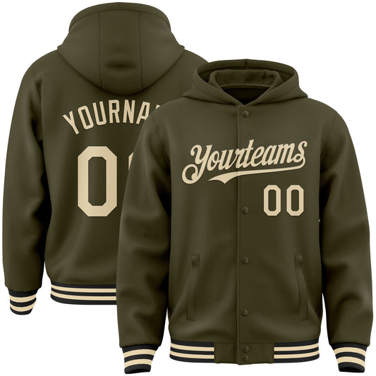 Custom Olive Cream-Black Bomber Full-Snap Varsity Letterman Salute To Service Hoodie Jacket - Main View