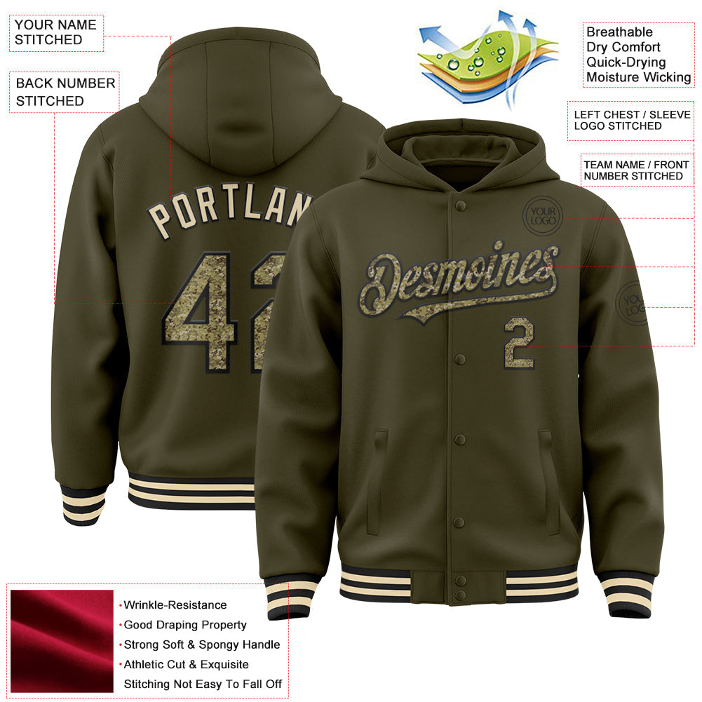 Custom Olive Camo Black-Cream Bomber Full-Snap Varsity Letterman Salute To Service Hoodie Jacket view 3