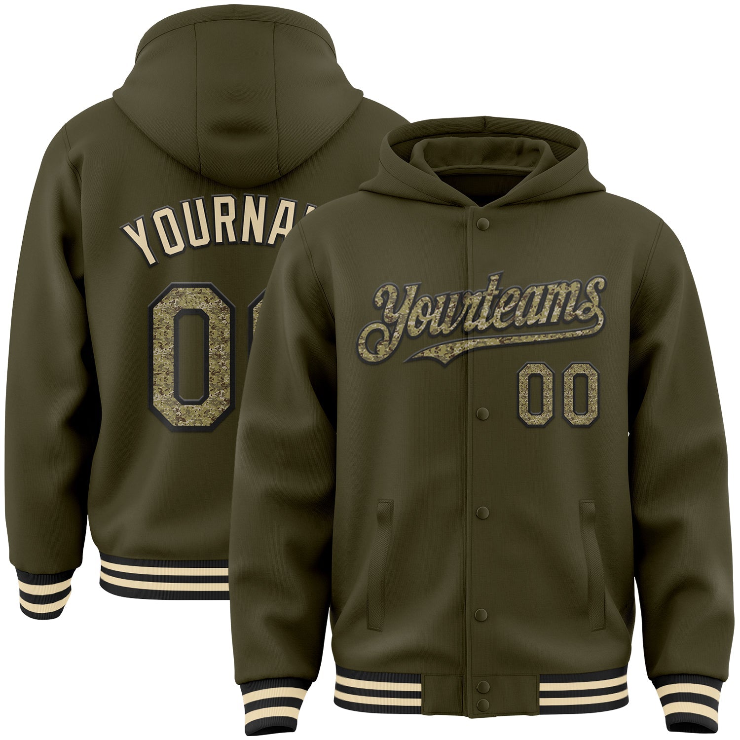 Custom Olive Camo Black-Cream Bomber Full-Snap Varsity Letterman Salute To Service Hoodie Jacket - Main View