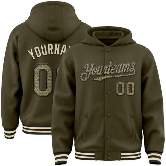 Custom Olive Camo Black-Cream Bomber Full-Snap Varsity Letterman Salute To Service Hoodie Jacket - Main View