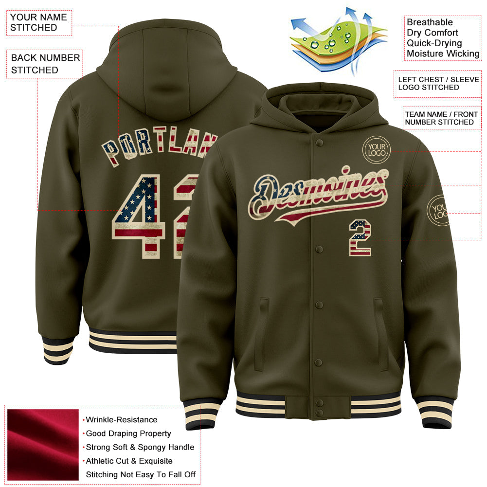 Custom Olive Vintage USA Flag Cream-Black Bomber Full-Snap Varsity Letterman Salute To Service Hoodie Jacket view 3