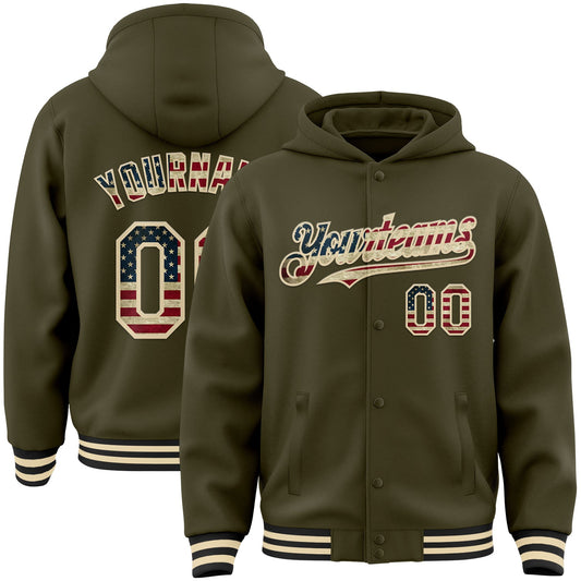 Custom Olive Vintage USA Flag Cream-Black Bomber Full-Snap Varsity Letterman Salute To Service Hoodie Jacket - Main View