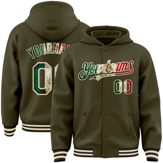 Custom Olive Vintage Mexican Flag Cream-Black Bomber Full-Snap Varsity Letterman Salute To Service Hoodie Jacket - Main View