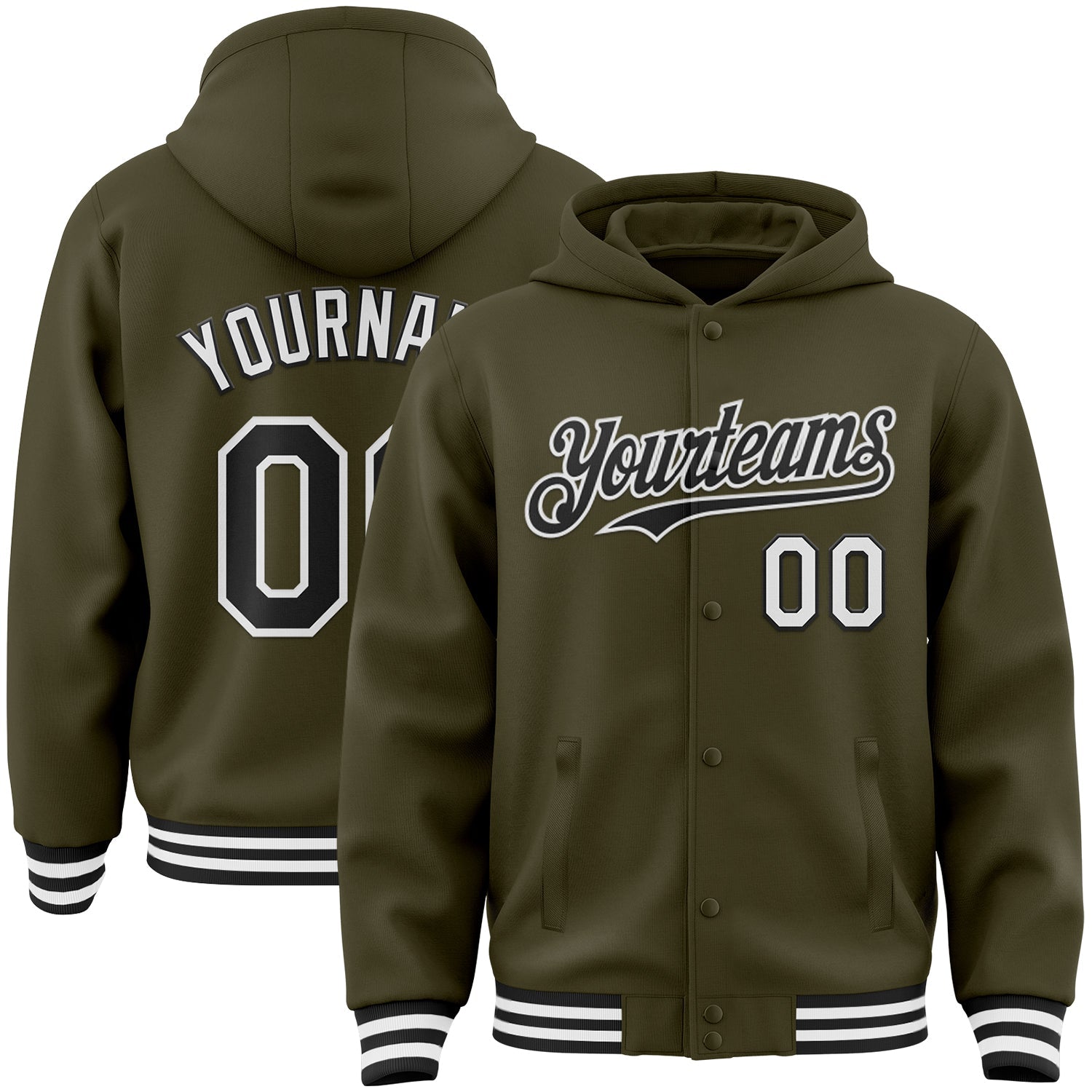 Custom Olive Black-White Bomber Full-Snap Varsity Letterman Salute To Service Hoodie Jacket - Main View