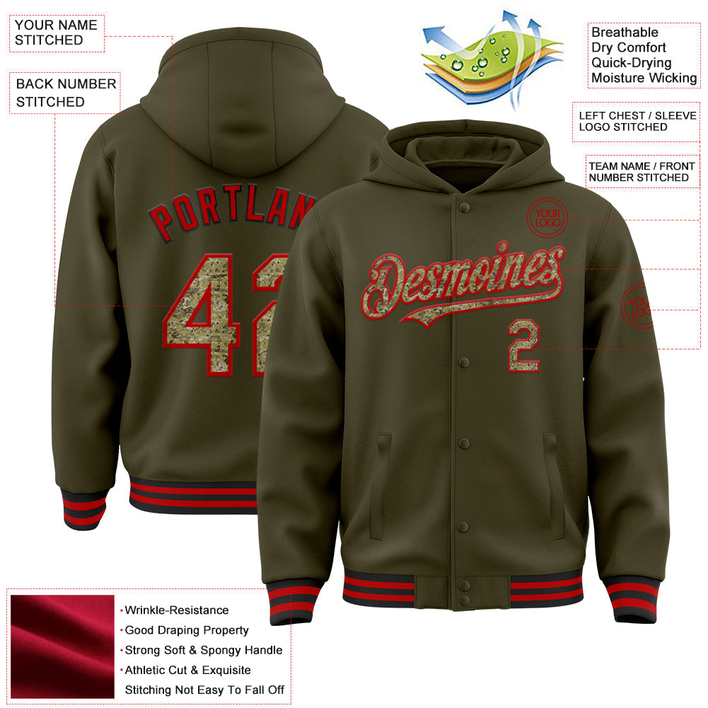 Custom Olive Camo Red-Black Bomber Full-Snap Varsity Letterman Salute To Service Hoodie Jacket view 3