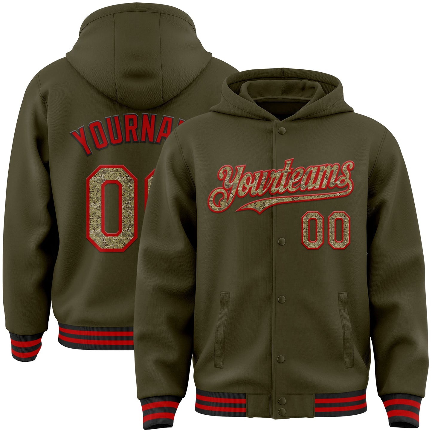 Custom Olive Camo Red-Black Bomber Full-Snap Varsity Letterman Salute To Service Hoodie Jacket - Main View