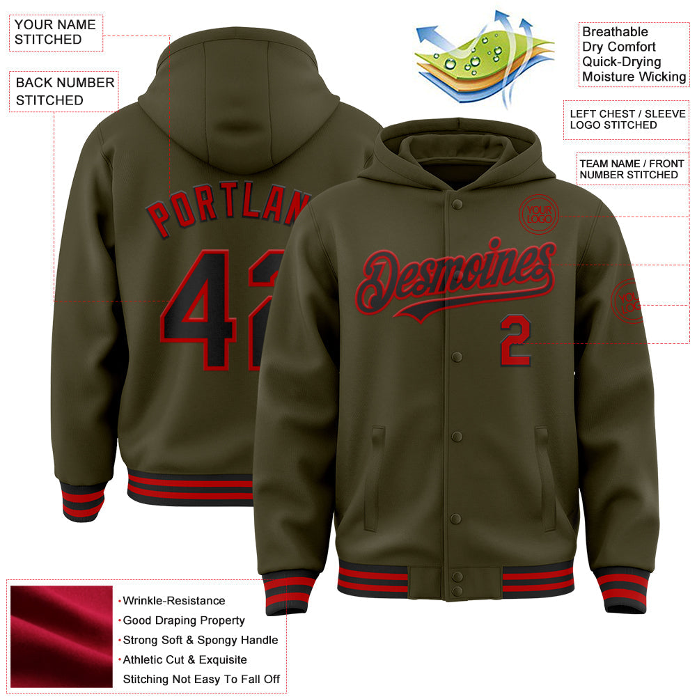 Custom Olive Black-Red Bomber Full-Snap Varsity Letterman Salute To Service Hoodie Jacket view 3