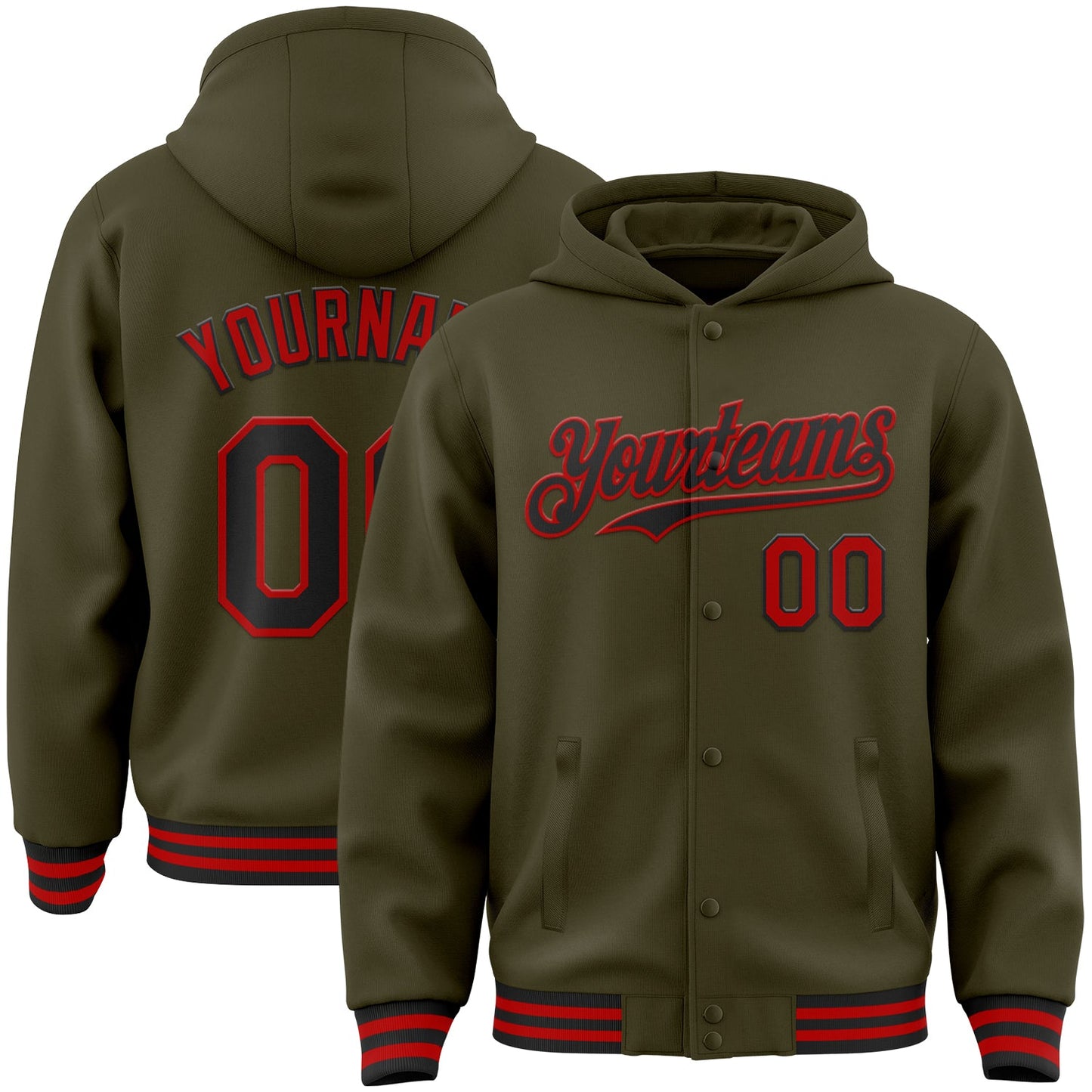 Custom Olive Black-Red Bomber Full-Snap Varsity Letterman Salute To Service Hoodie Jacket - Main View