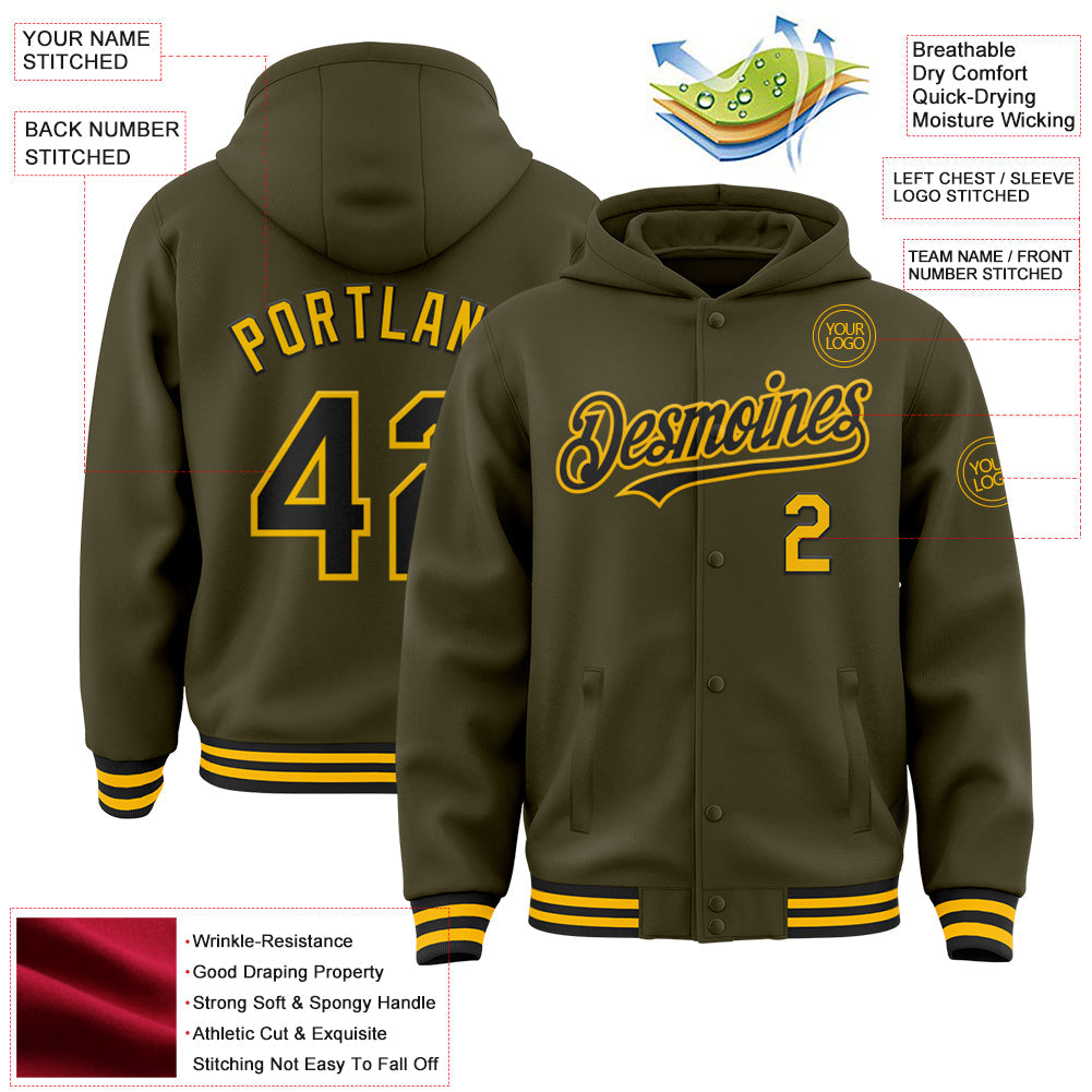 Custom Olive Black-Gold Bomber Full-Snap Varsity Letterman Salute To Service Hoodie Jacket view 3