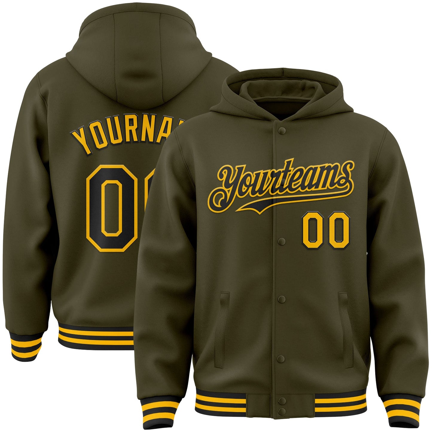 Custom Olive Black-Gold Bomber Full-Snap Varsity Letterman Salute To Service Hoodie Jacket - Main View