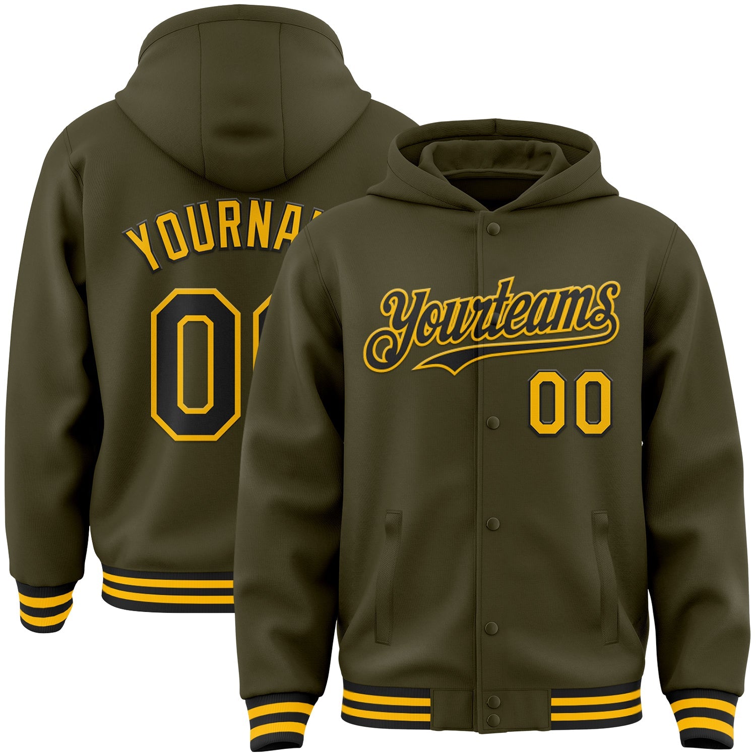 Custom Olive Black-Gold Bomber Full-Snap Varsity Letterman Salute To Service Hoodie Jacket - Main View