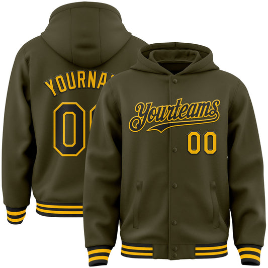 Custom Olive Black-Gold Bomber Full-Snap Varsity Letterman Salute To Service Hoodie Jacket - Main View