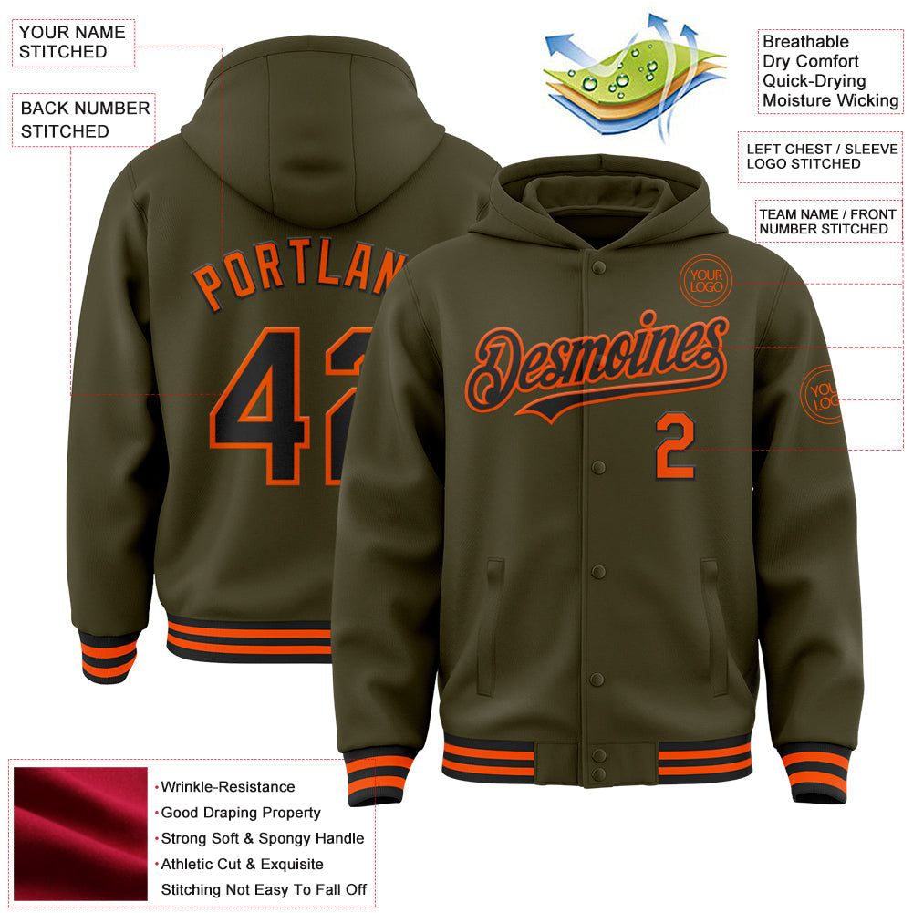 Custom Olive Black-Orange Bomber Full-Snap Varsity Letterman Salute To Service Hoodie Jacket view 3