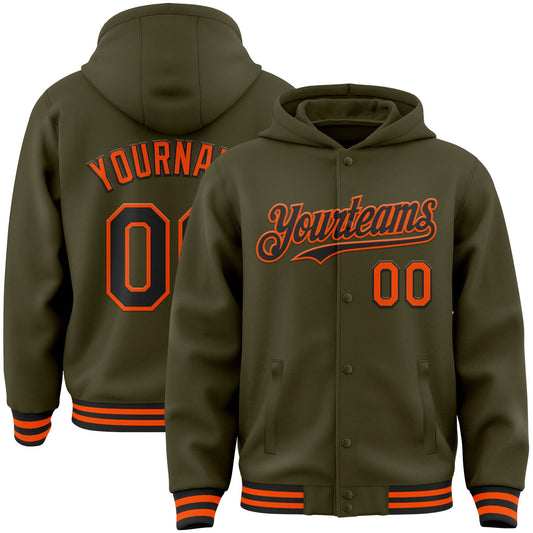 Custom Olive Black-Orange Bomber Full-Snap Varsity Letterman Salute To Service Hoodie Jacket - Main View