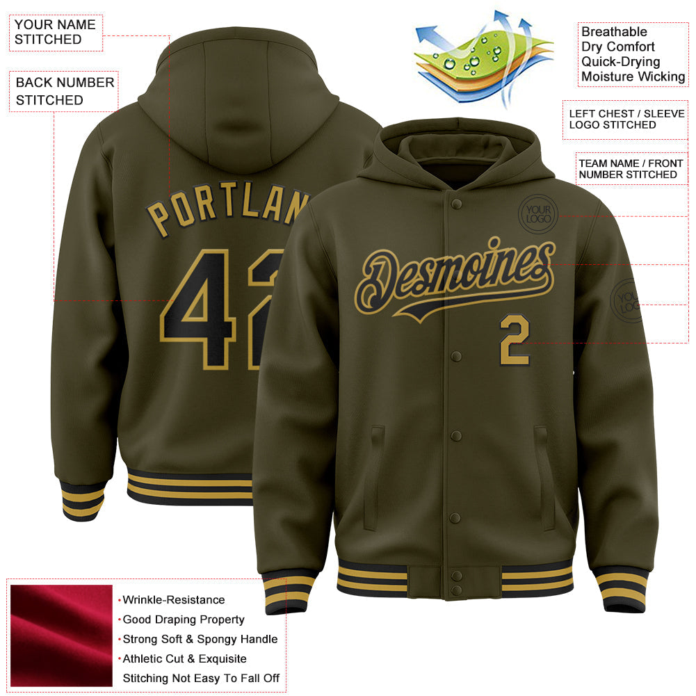 Custom Olive Black-Old Gold Bomber Full-Snap Varsity Letterman Salute To Service Hoodie Jacket view 3